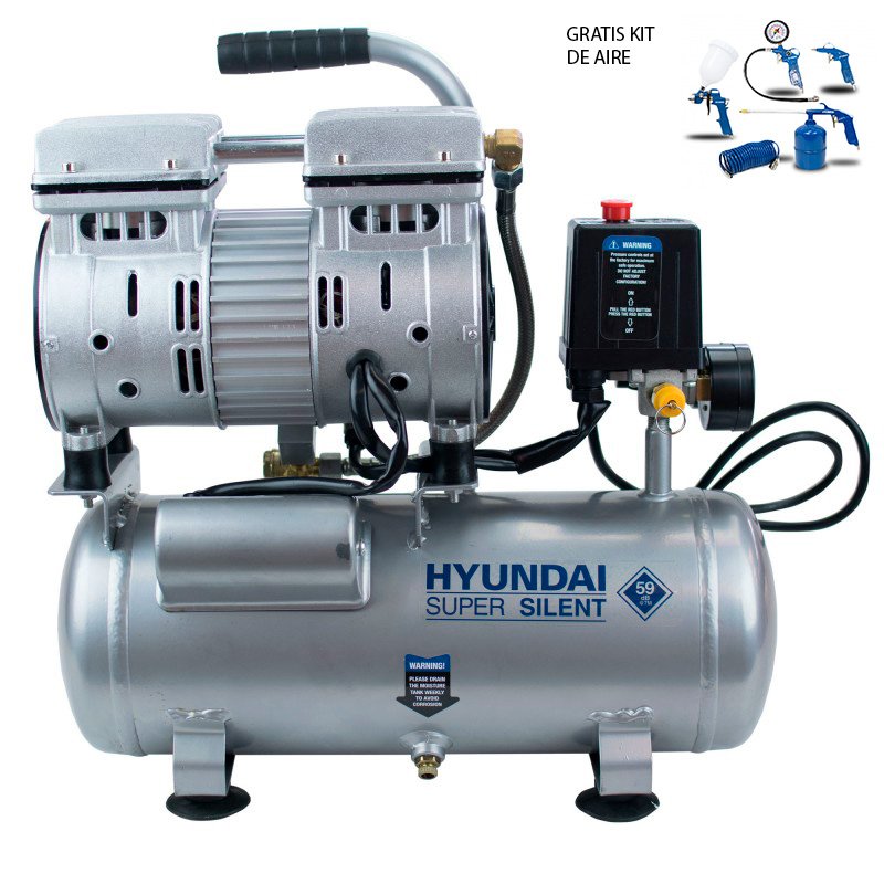 HYAC6-07S Compresor Silencioso Hyundai 6 L + GRATIS HY-55901 Kit herramientas aire 5 piezas